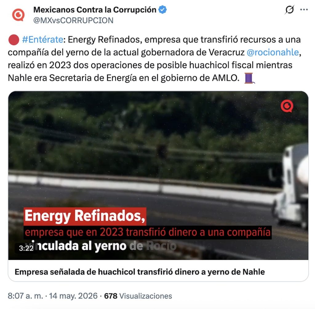 Empresa relacionada por presunto huachicol transfirió millones a yerno de Rocío Nahle: MCCI