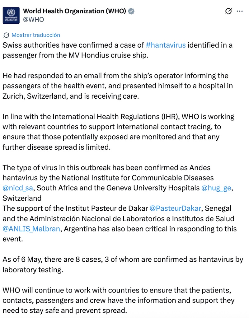 OMS confirma caso de hantavirus en Suiza