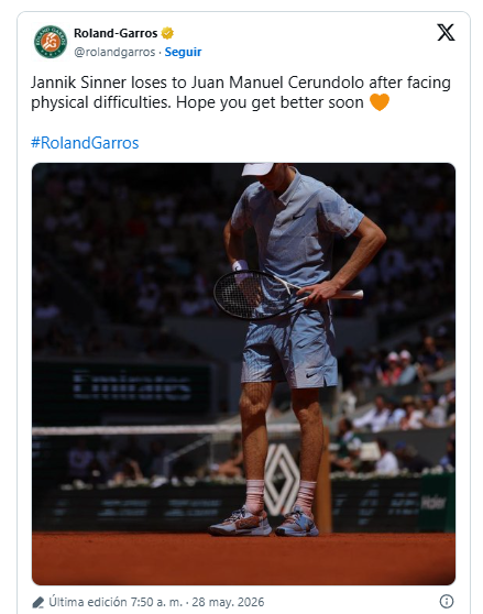Jannik Sinner eliminado de Roland Garros