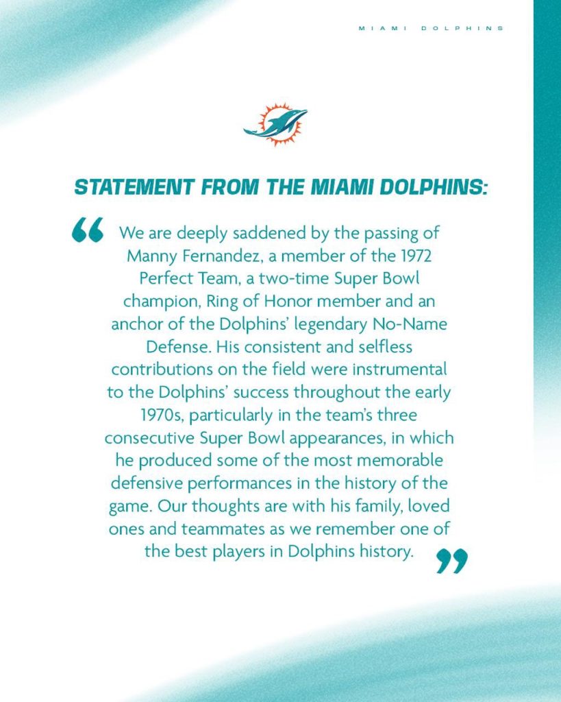 Muere Manny Fernández, exjugador de los invictos Miami Dolphins de 1972
