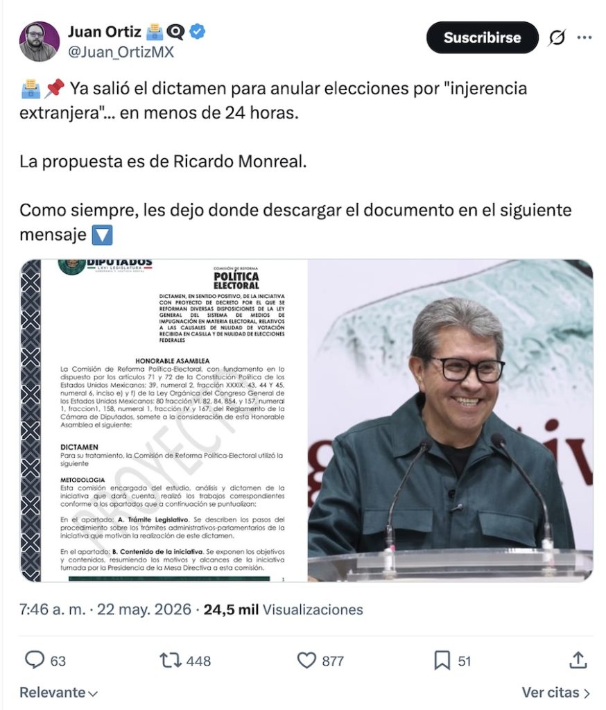 Morena presenta iniciativa para anular elecciones en caso de intervención extranjera