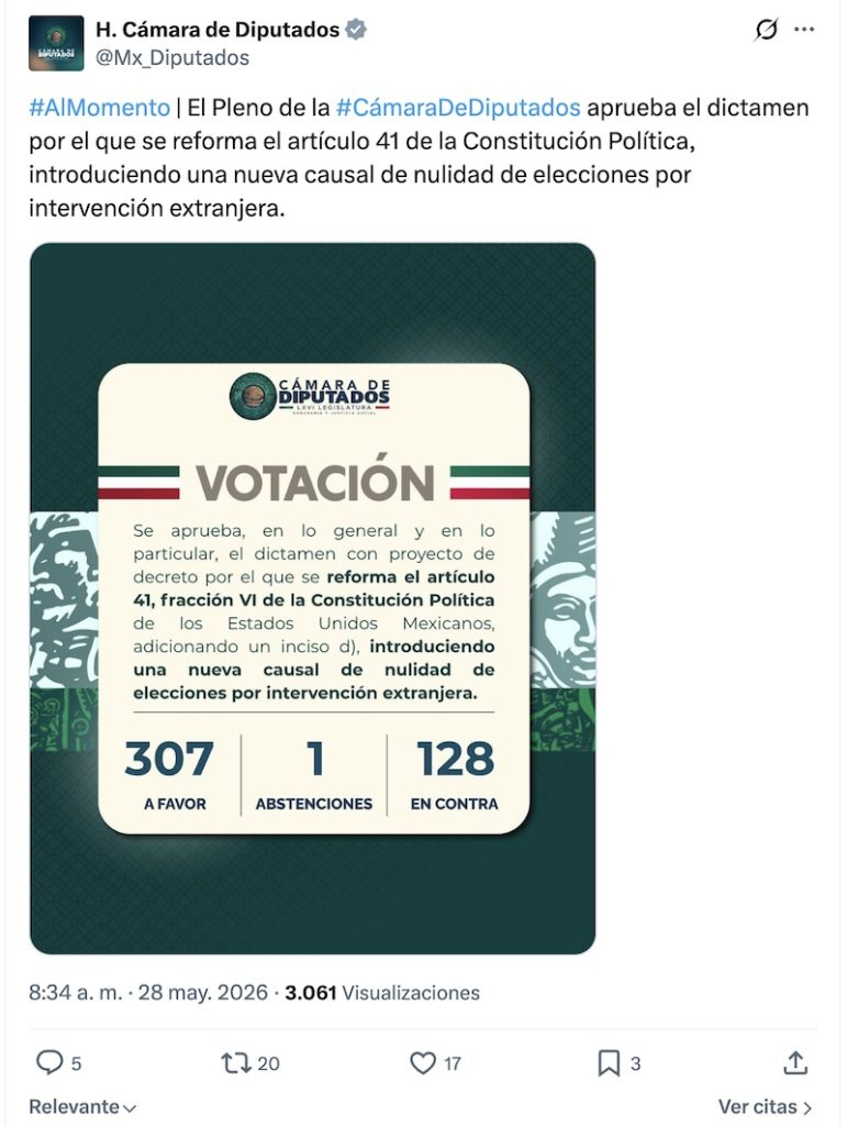 Ley Monreal: Diputados aprueban anular elecciones por injerencia extranjera