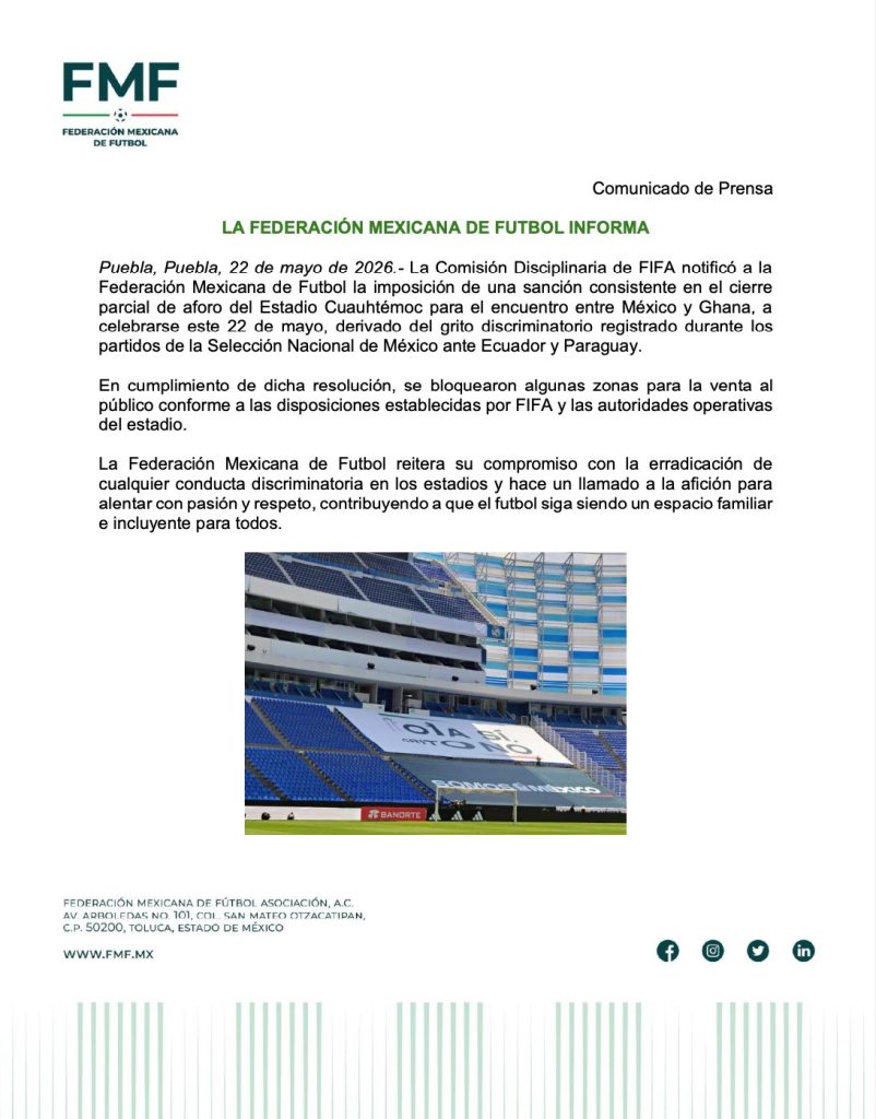 FIFA castiga a México con veto parcial ante Ghana por grito discriminatorio