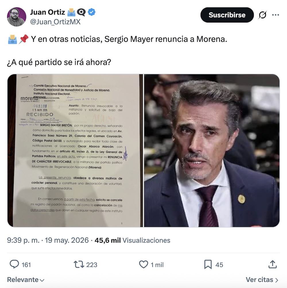 Lo que sabemos de la carta de renuncia de Sergio Mayer en Morena