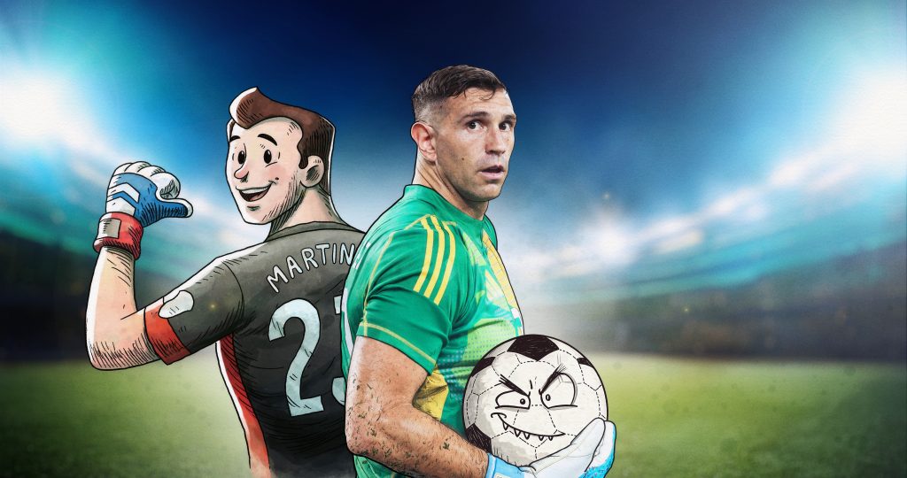 Emiliano Dibu Martínez aparece con uniforme de portero junto a una versión animada de sí mismo en una imagen promocional del documental de Netflix.