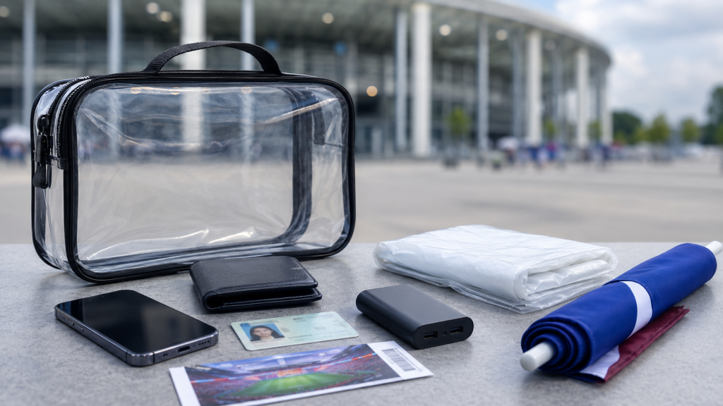 Objetos permitidos para entrar al estadio en el Mundial 2026, incluyendo bolsa transparente, celular, cartera, identificación, boleto, power bank, impermeable y bandera.