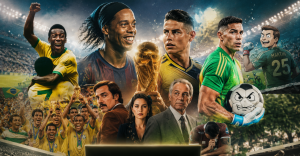 Collage futbolero con jugadores, escenas de documentales, una cancha y una pantalla de televisión, inspirado en contenidos de Netflix rumbo al Mundial.