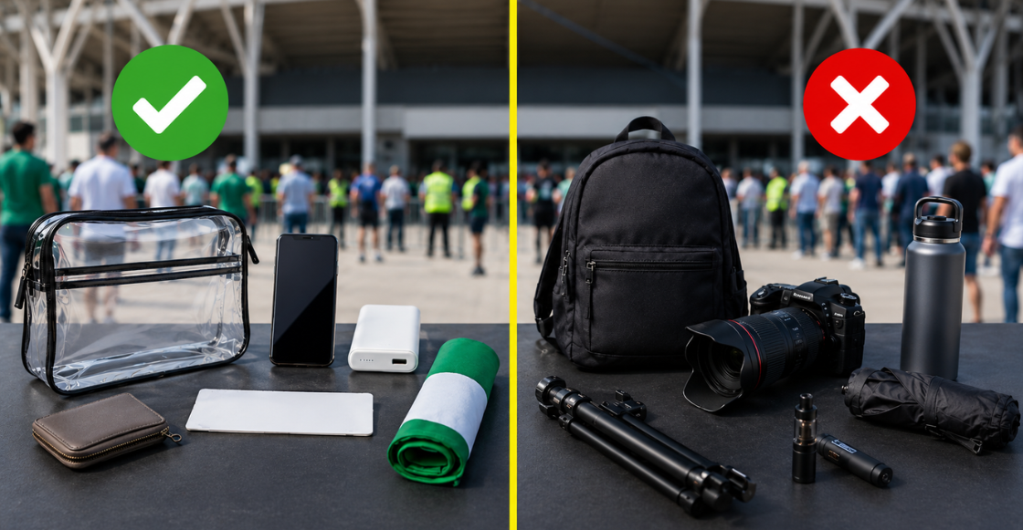 Objetos permitidos y prohibidos para entrar a un estadio durante el Mundial 2026, con bolsa transparente, celular y power bank permitidos, y mochila, cámara profesional, botella, paraguas y vape prohibidos.