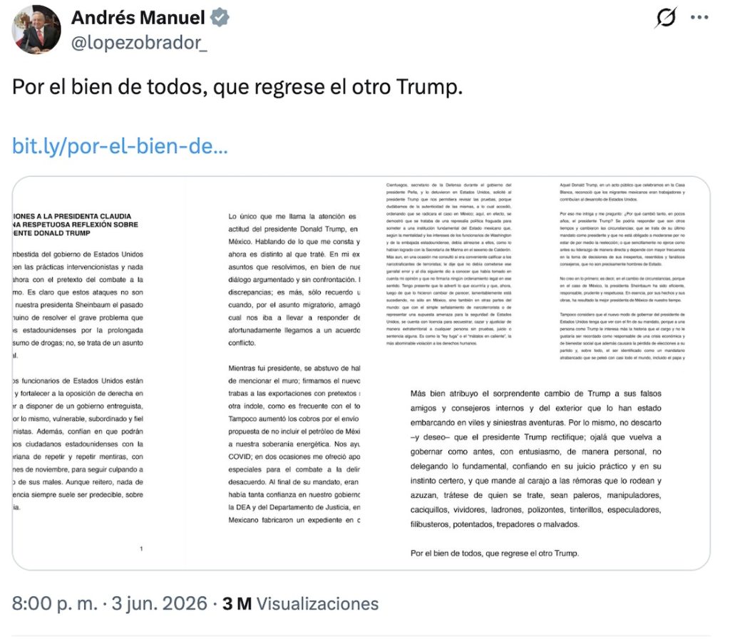 “Que regrese el otro Trump”: AMLO reaparece para apoyar a Sheibaum 