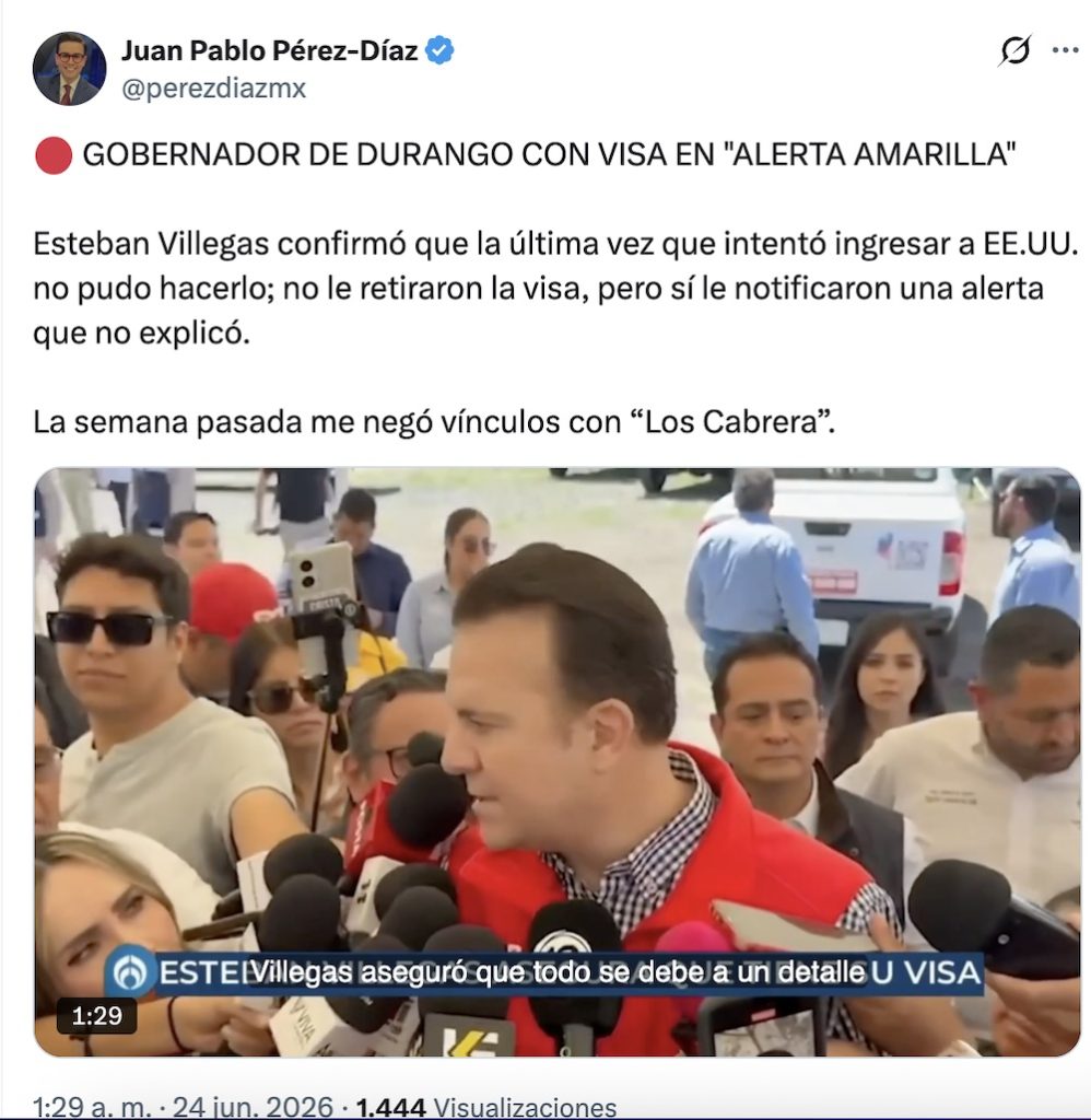 Gobernador de Durango admite que su visa a Estados Unidos tiene alerta amarilla