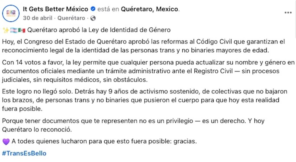 Qué está pasando en Querétaro con el veto del gobernador a la Ley de Identidad de género