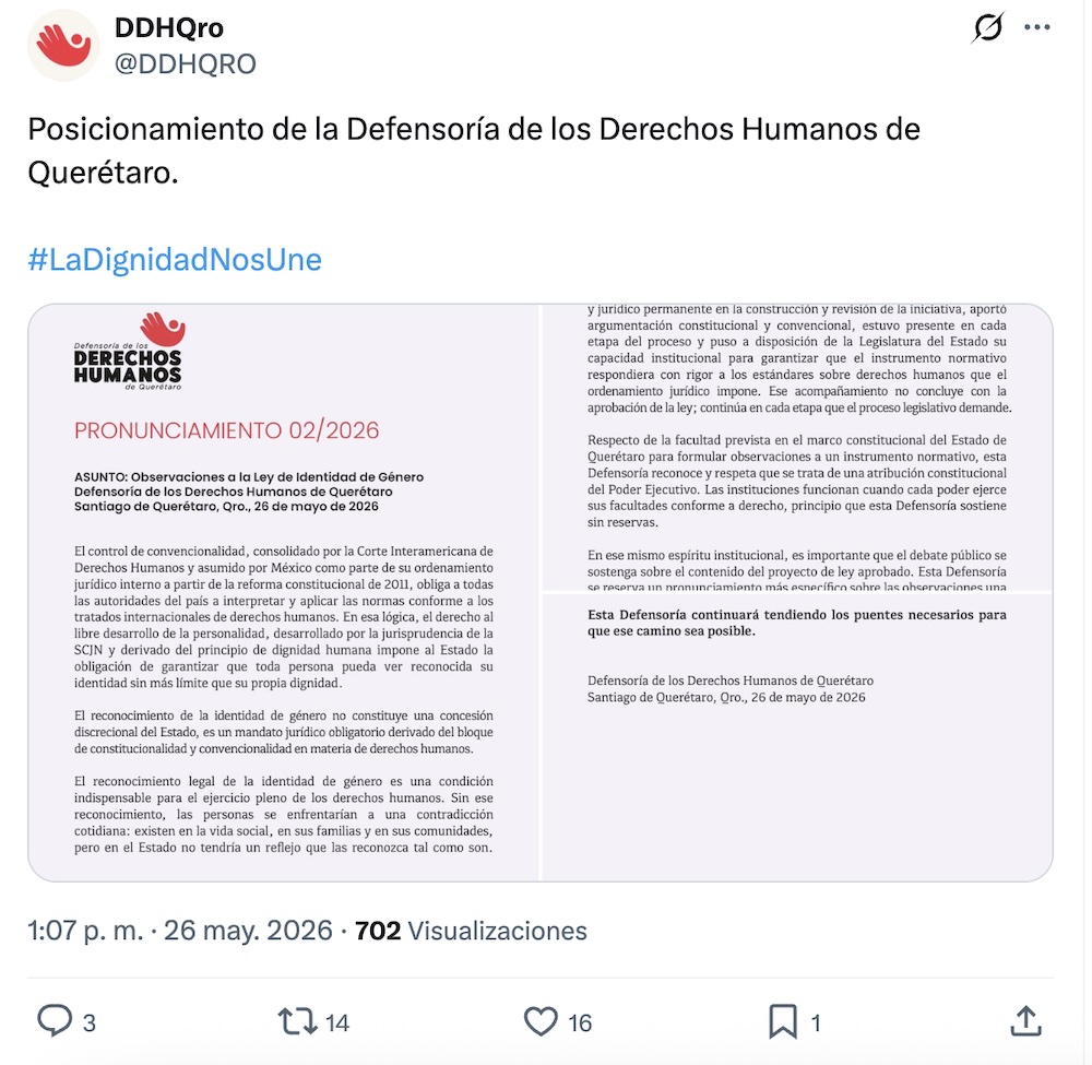 Qué está pasando en Querétaro con el veto del gobernador a la Ley de Identidad de género