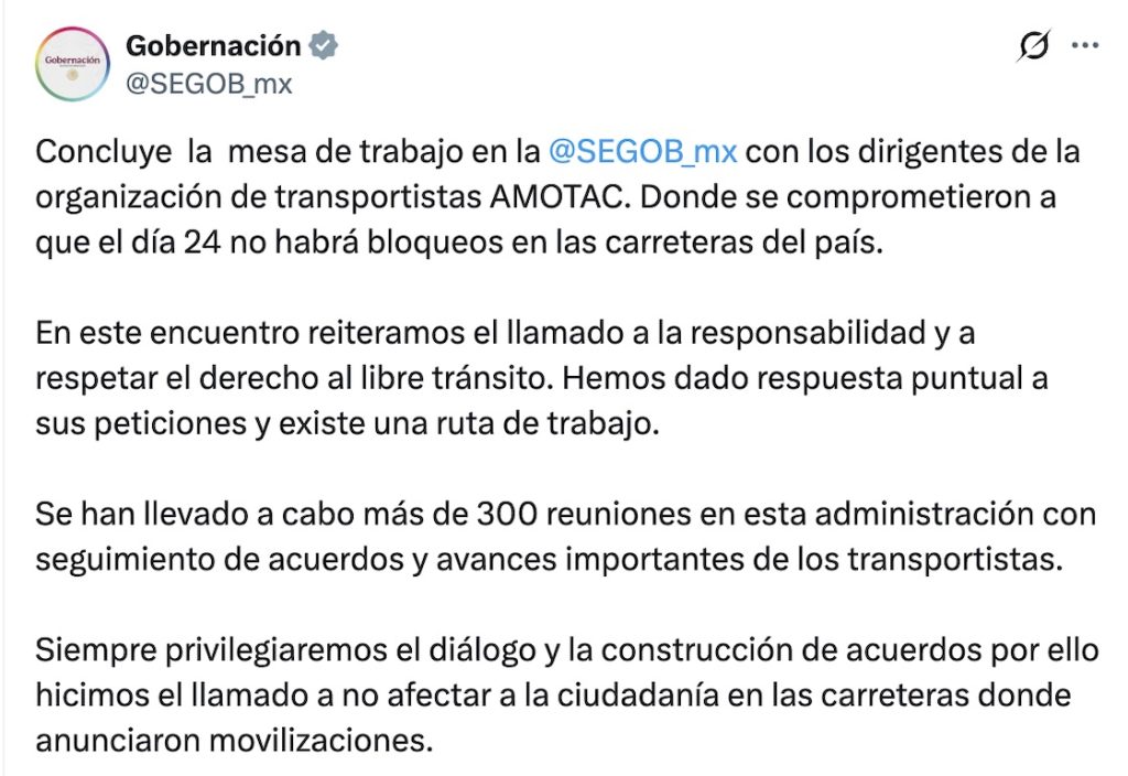 Transportistas llegan a acuerdo con SEGOB para evitar bloqueos pero el paro nacional se mantiene