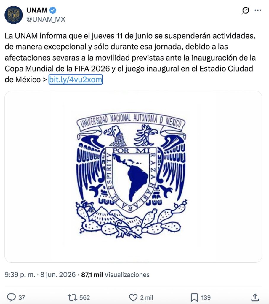UNAM suspende actividades por la inauguración del Mundial 2026