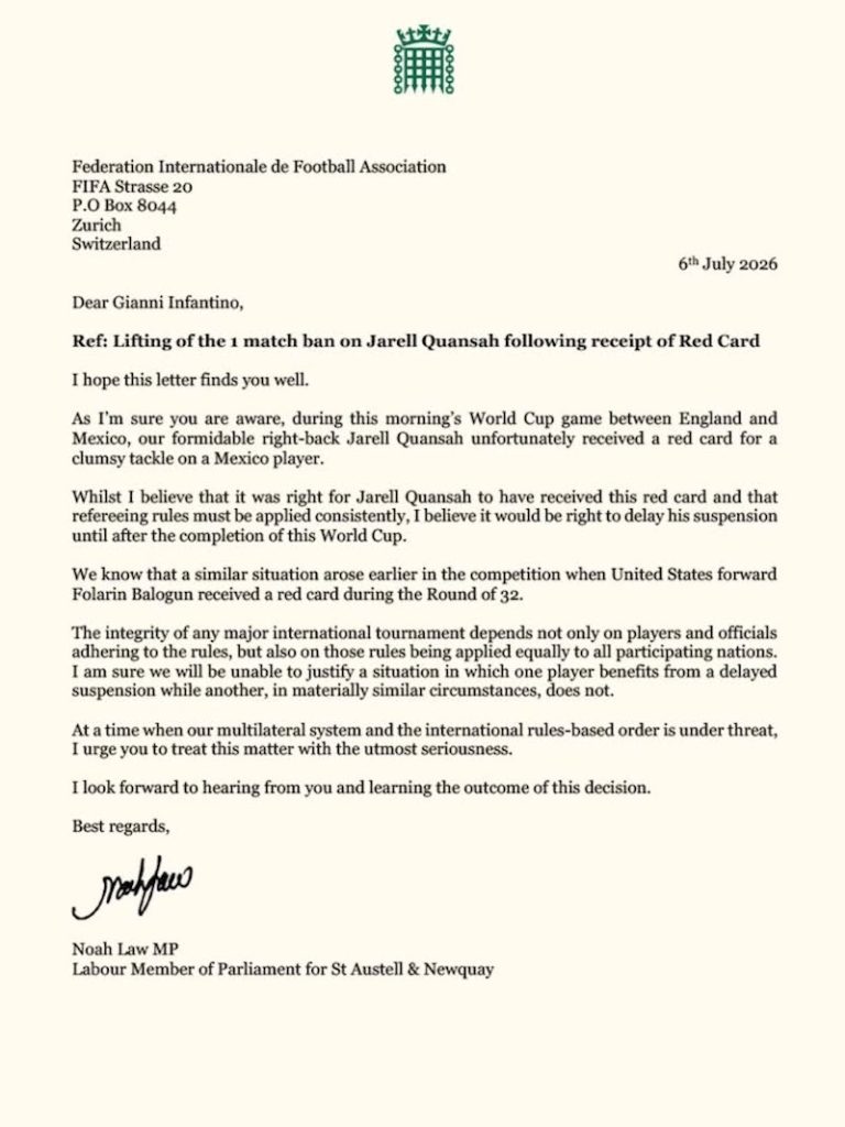 Diputado del Partido Laborista pide a FIFA posponer sanción de tarjeta roja a Jarell Quansah en el partido México vs. Inglaterra