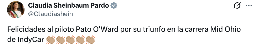 Claudia Sheinbaum felicita a Pato O'Ward