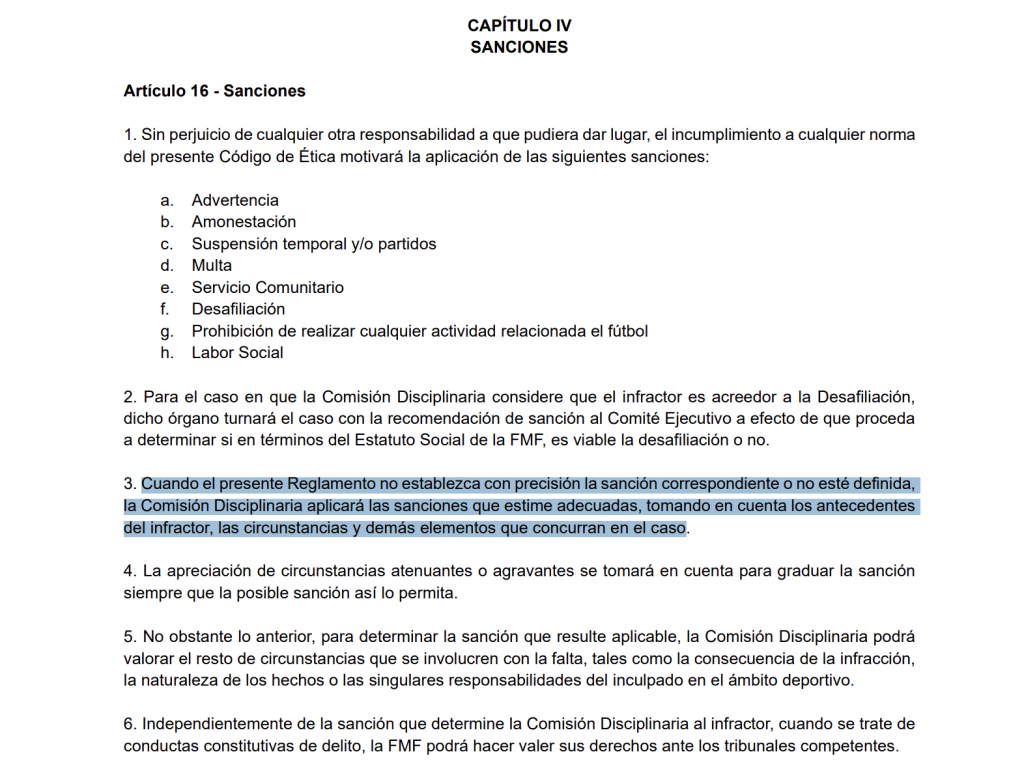 El artículo 16 del Código de Ética de la Femexfut