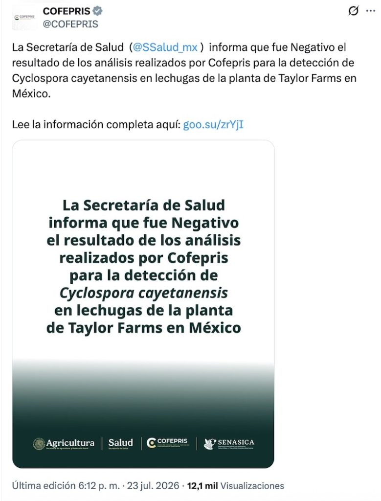 COFEPRIS descarta cyclospora en lechugas de Taylor Farms en México