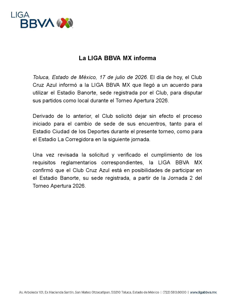 Cruz Azul jugará como local en el Estadio Banorte este torneo
