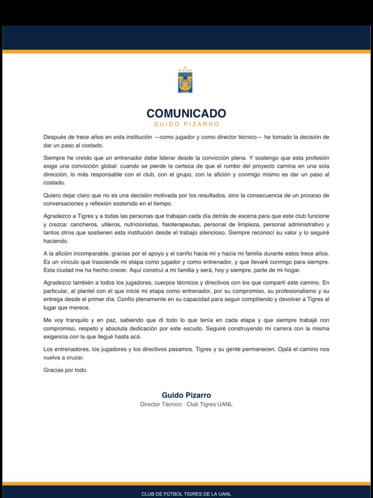 Guido Pizarro anuncia su salida de Tigres 