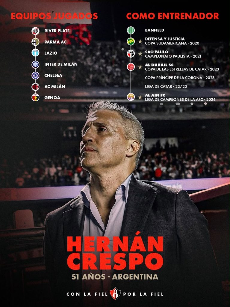 El currículum que avala a Hernán Crespo como nuevo entrenador del Atlas