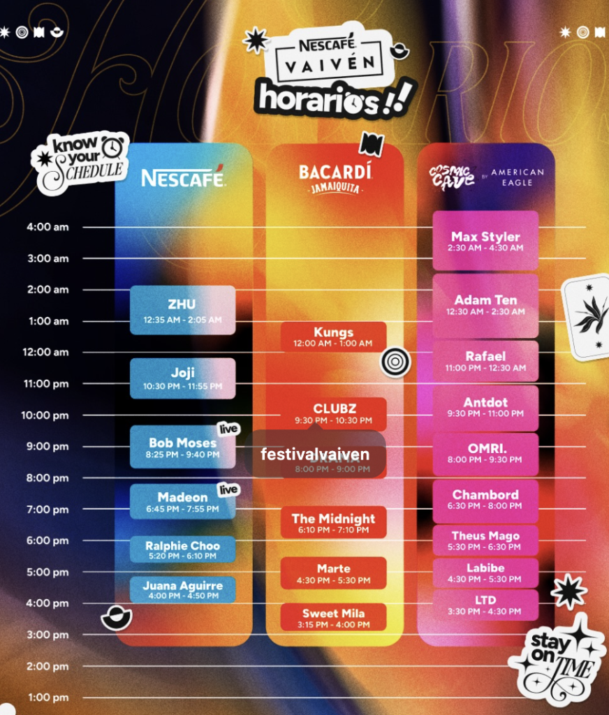 Imagen con los horarios del festival Vaivén