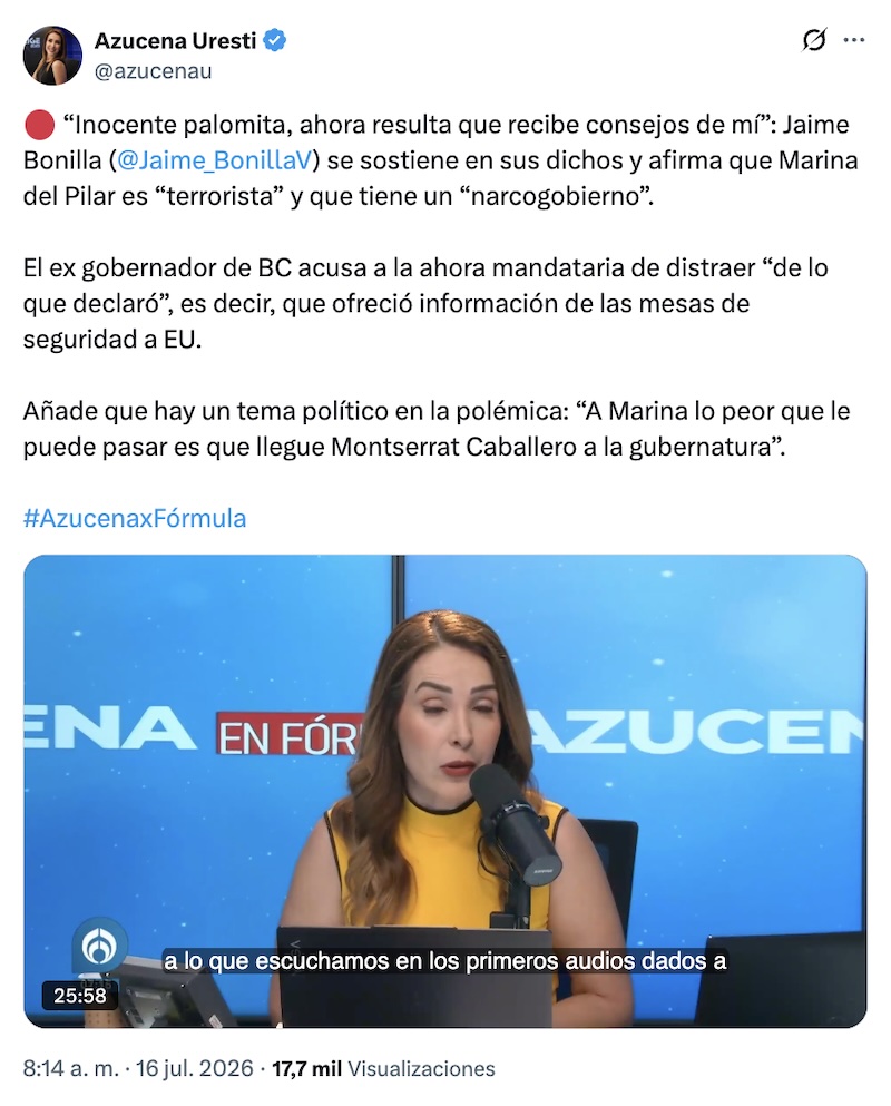 Tercer round: Filtran otro audio de Marina del Pillar; exgobernador de Baja California niega montaje