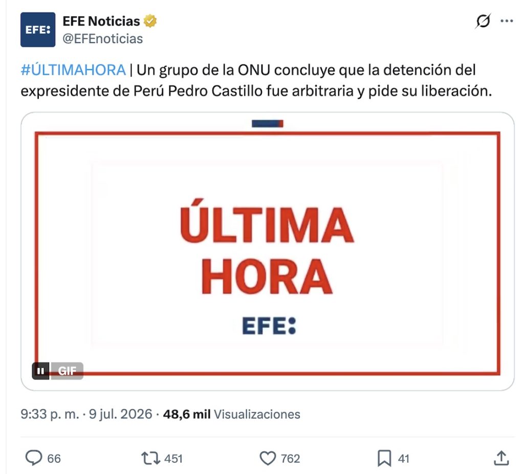 ONU concluye que detención del expresidente de Perú Pedro Castillo fue arbitraria