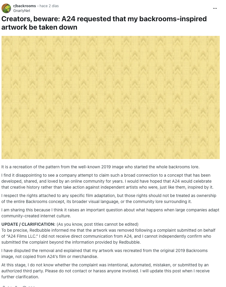Captura del post de Reddit sobre el caso de backrooms y A24