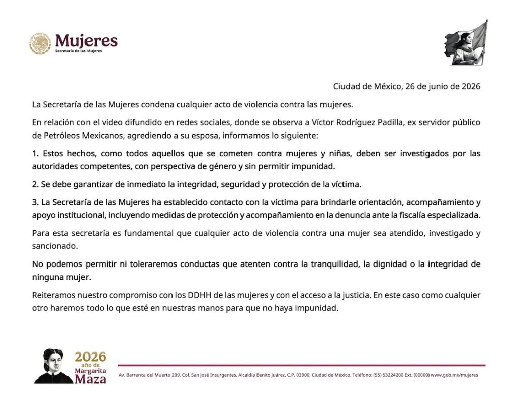 Caso María Felicia: Secretaria de las Mujeres confirma que exdirector de Pemex fue su asesor