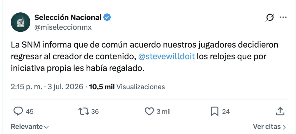 Selección Mexicana regresará los relojes del influencer Stevewilldoit