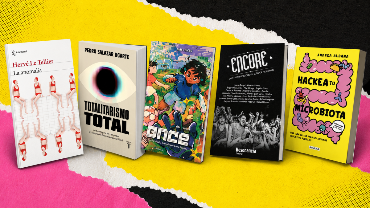 Imagen de cabecera que muestra las portadas de los cinco libros recomendados: La anomalía, Totalitarismo Total, Once, Encore y Hackea tu microbiota.