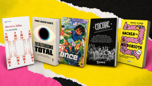 Imagen de cabecera que muestra las portadas de los cinco libros recomendados: La anomalía, Totalitarismo Total, Once, Encore y Hackea tu microbiota.