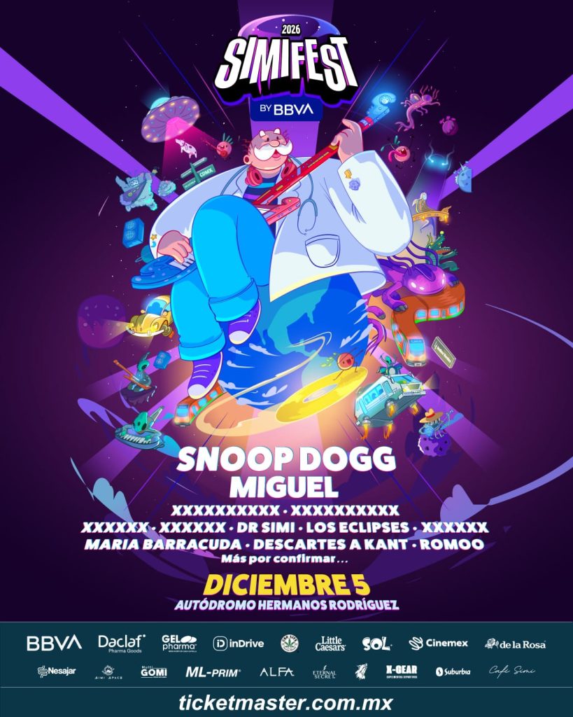 Cartel oficial del Simifest 2026 en el Autódromo Hermanos Rodríguez encabezado por Snoop Dogg, Miguel y el Doctor Simi.