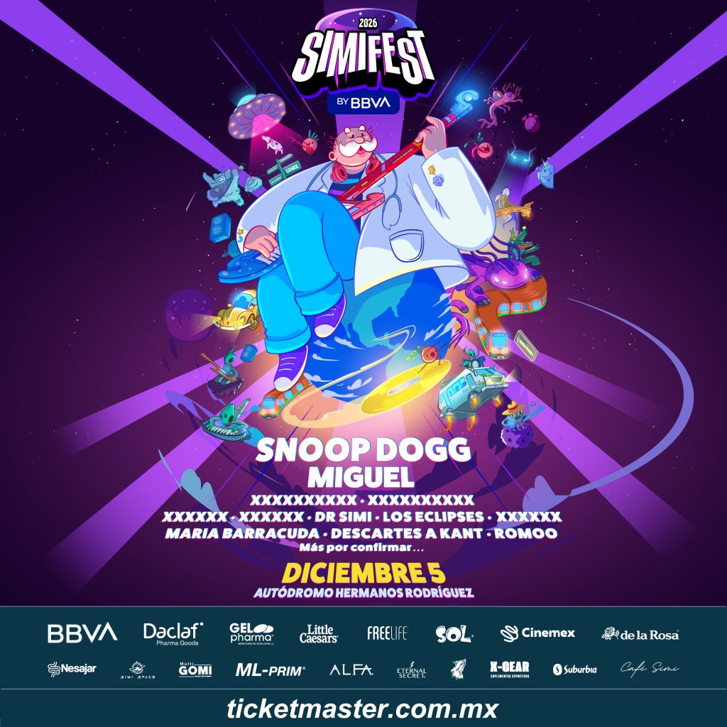 Cartel oficial del Simifest 2026 en el Autódromo Hermanos Rodríguez encabezado por Snoop Dogg, Miguel y el Doctor Simi.