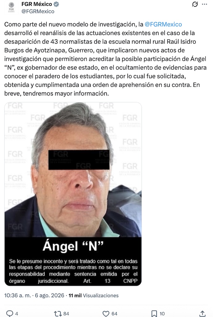 Detienen al exgobernador de Guerrero Ángel Aguirre por el caso Ayotzinapa