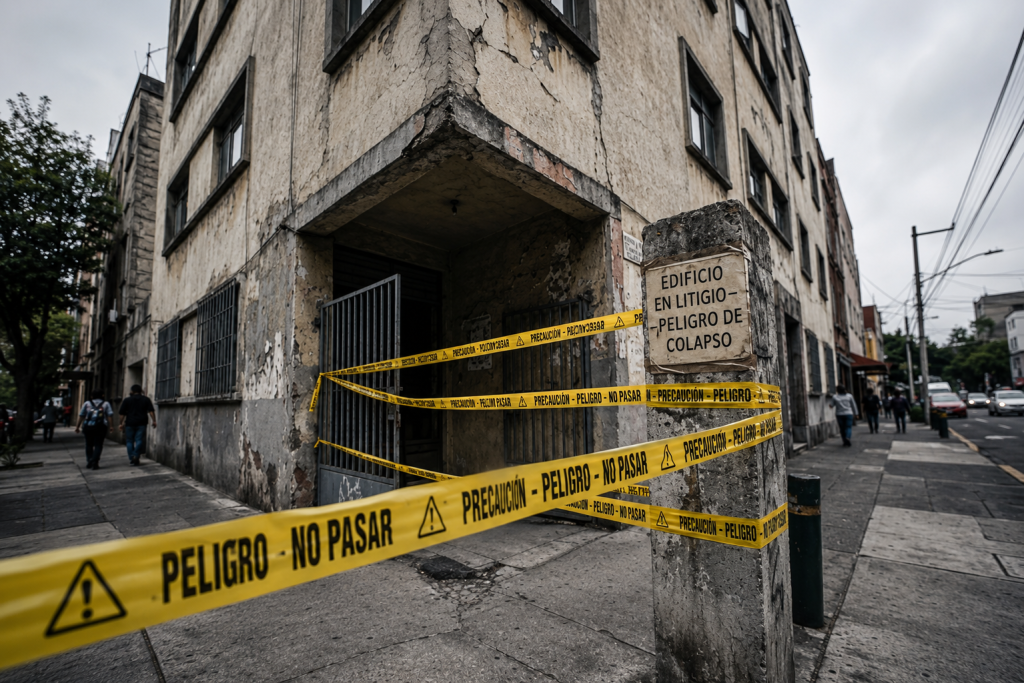 Fachada de un edificio acordonado con cinta de precaución en la Ciudad de México, ilustrando el riesgo de alojarse en inmuebles dañados o en disputa legal a través de Airbnb.