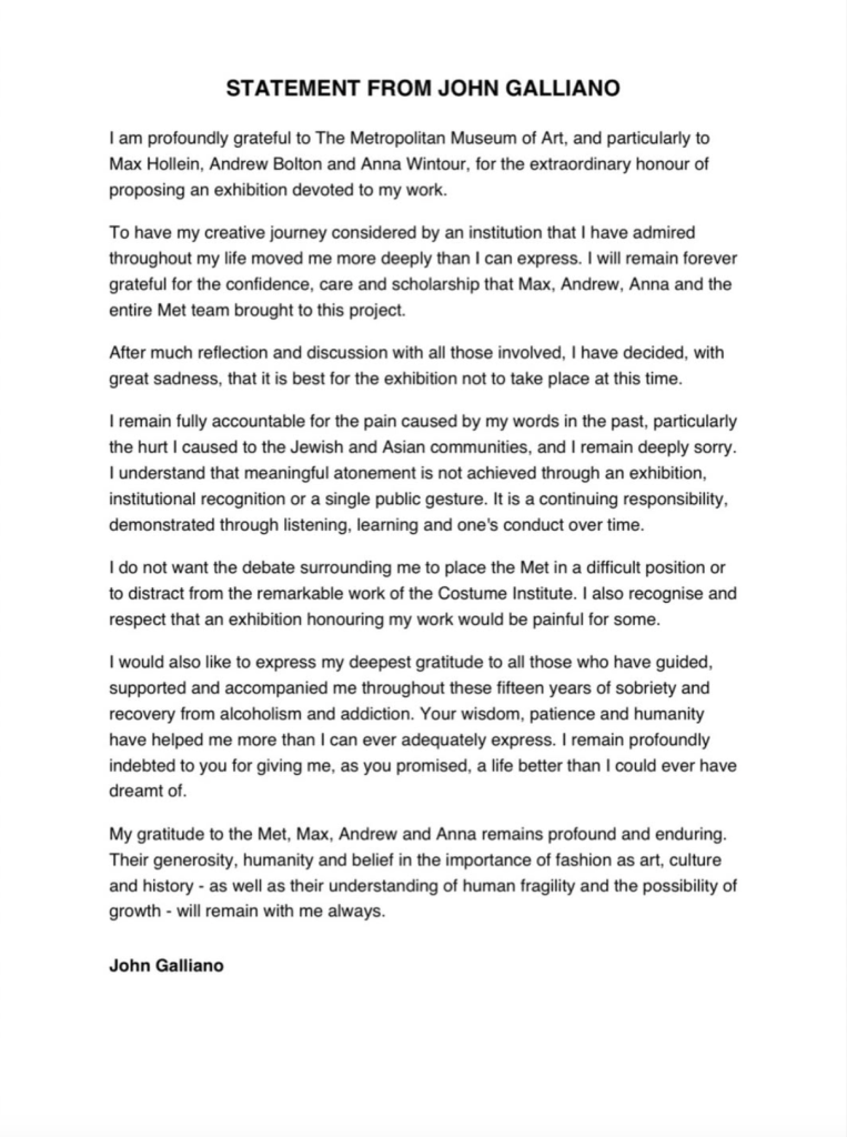 Respuesta de John Galliano ante la cancelación de su show para el MET