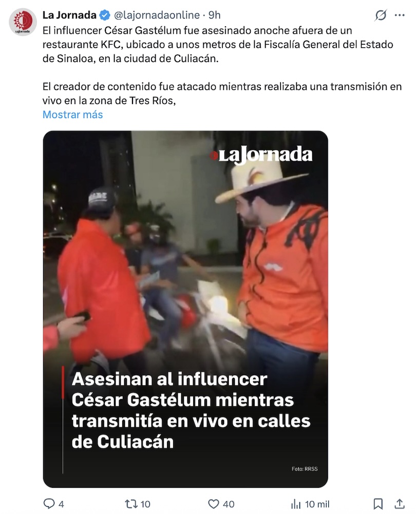 Asesinan al influencer César Gastelum durante una transmisión en vivo en Culiacán
