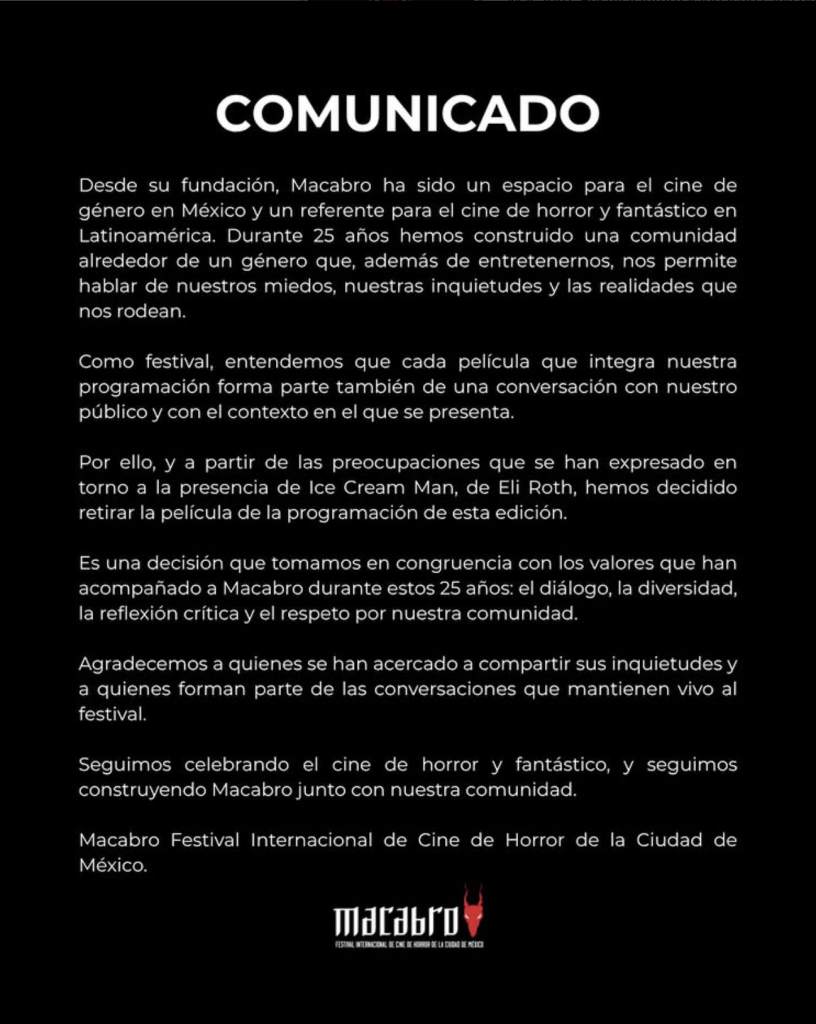 Imagen del comunicado de Macabro con la salida de Eli Roth de la programación