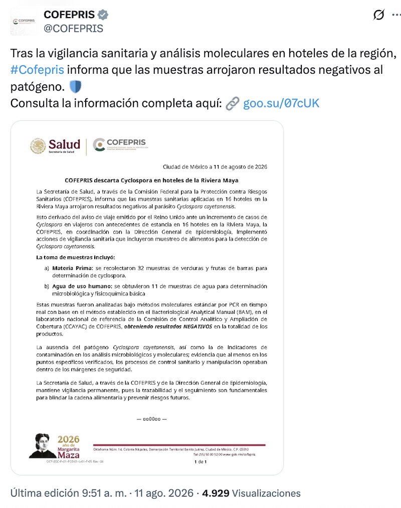 COFEPRIS descarta cyclospora en hoteles de la Riviera Maya tras alerta de Reino Unido