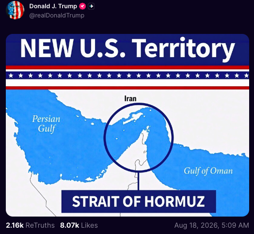 Trump anuncia que declarará el estrecho de Ormuz como territorio estadounidense