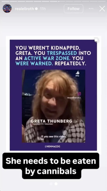 Captura del story de Eli Roth sobre Greta Thunberg