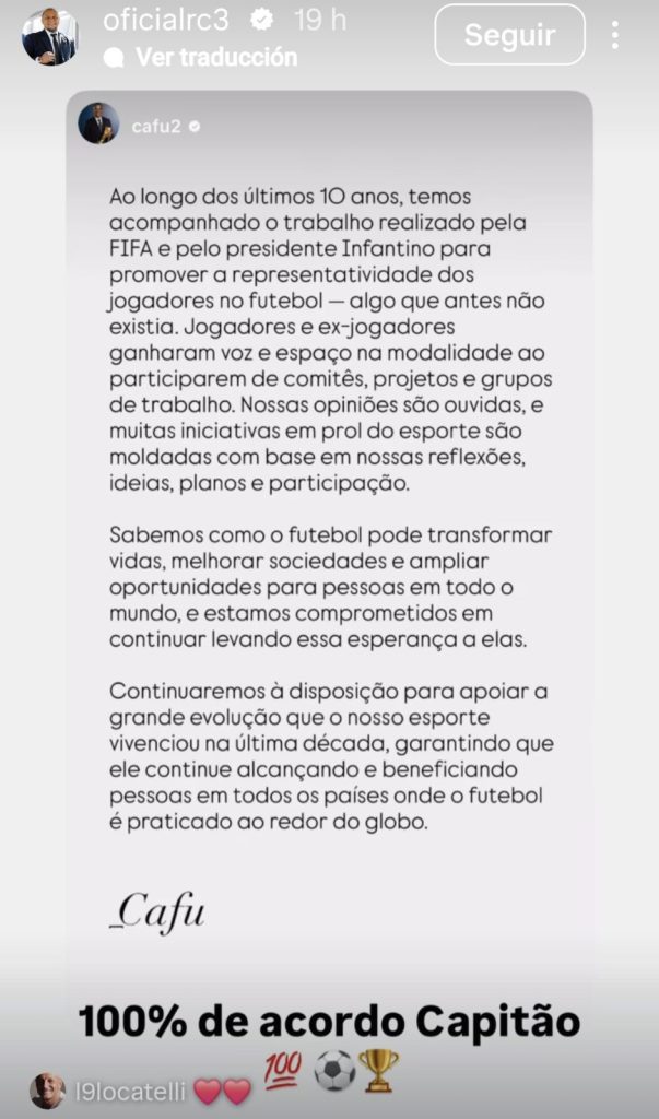 Exjugadores como Cafú, Roberto Carlos y Borgetti respaldan a Infantino