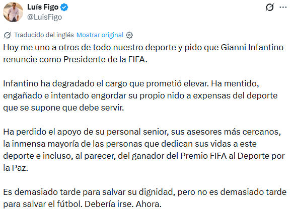 Figo exige la renuncia de Infantino a la FIFA