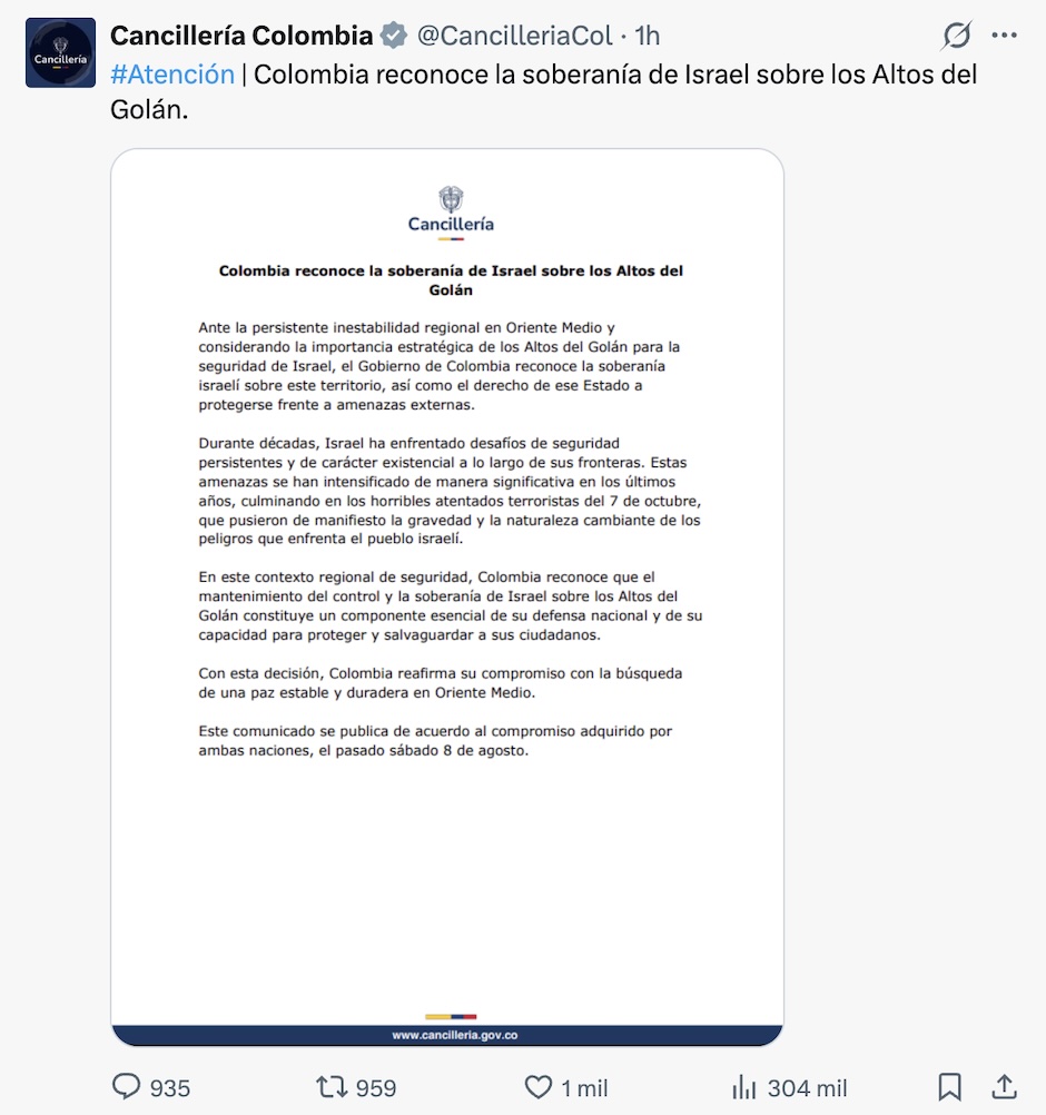 En medio de la tragedia del sismo: Colombia reconoce soberanía de Israel sobre los Altos del Golán