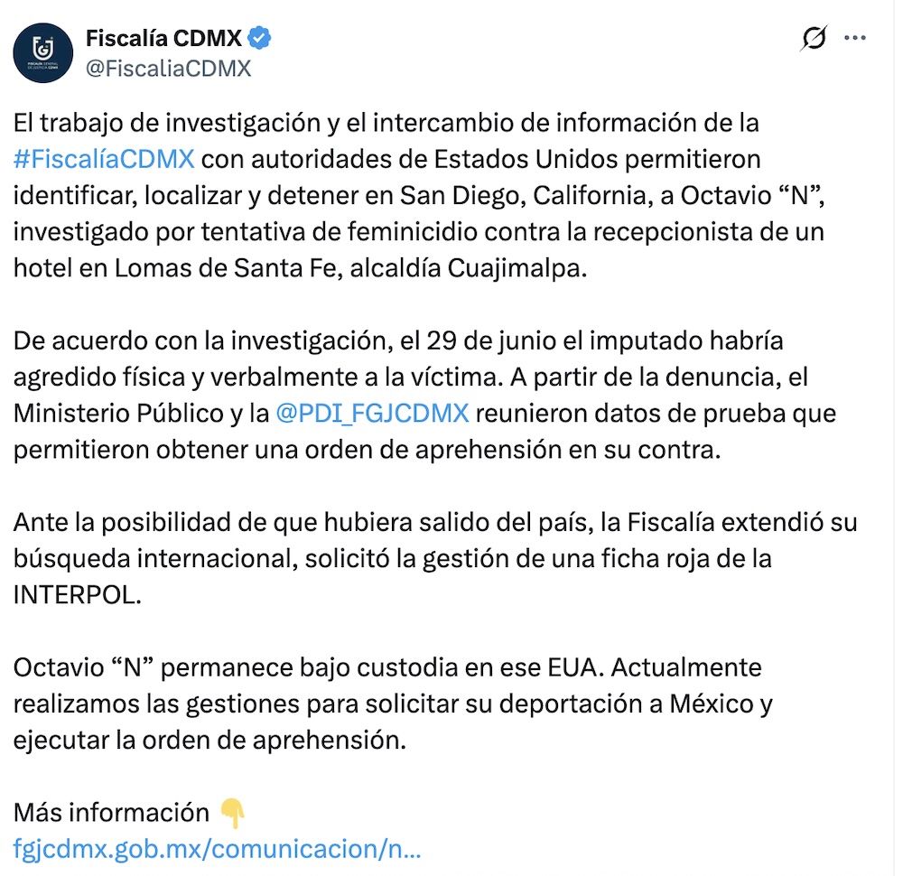 Detienen a Octavio N por tentativa de feminicidio contra recepcionista de hotel en Santa Fe