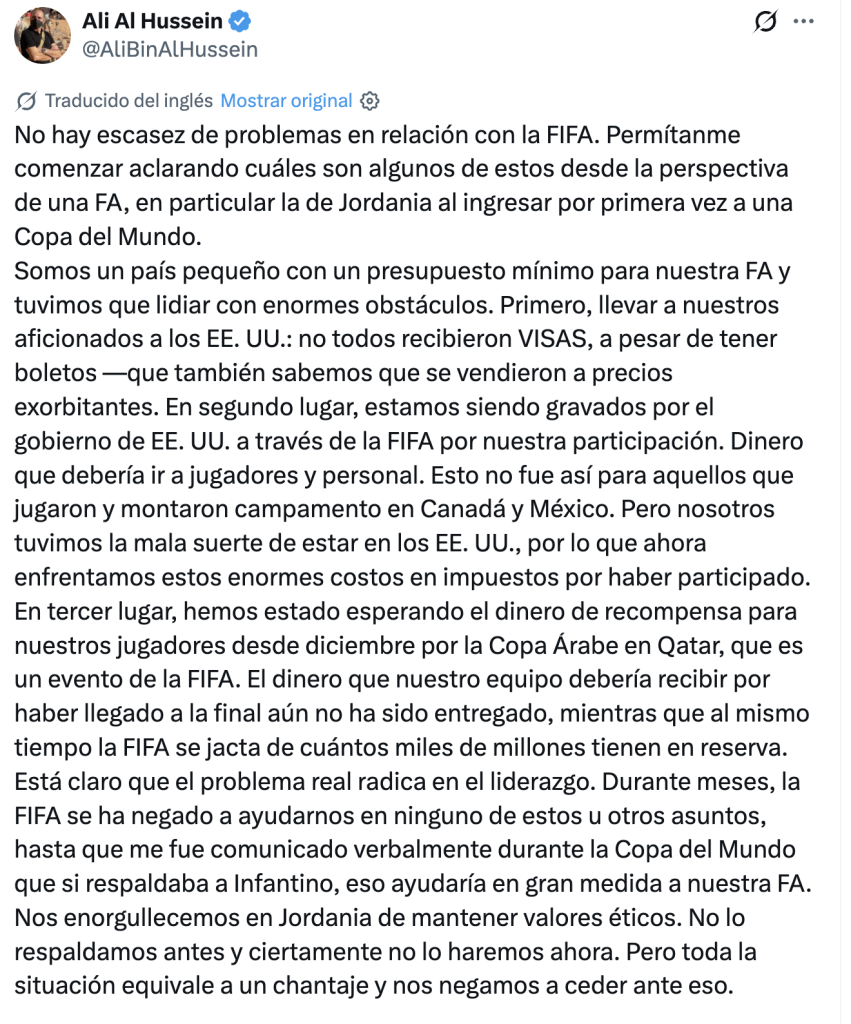 Príncipe de Jordania acusa chantaje de FIFA para apoyar a Infantino