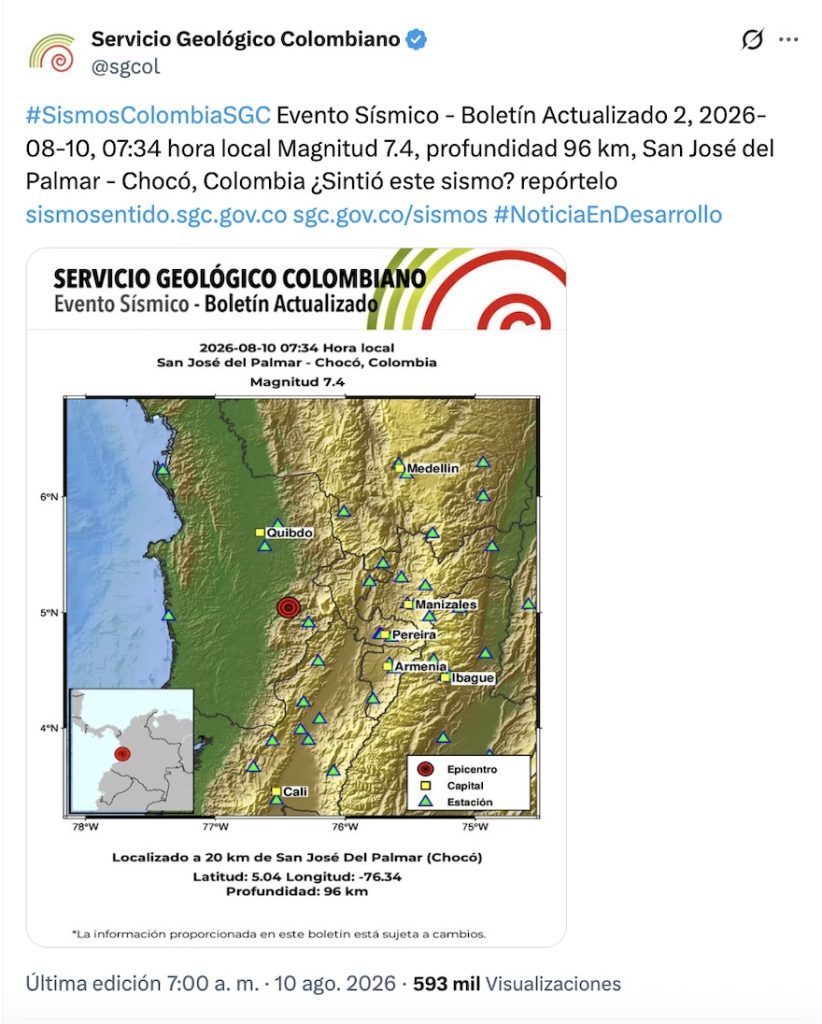 Sismo de 7.4 (con epicentro en San José del Palmar) sacude Colombia