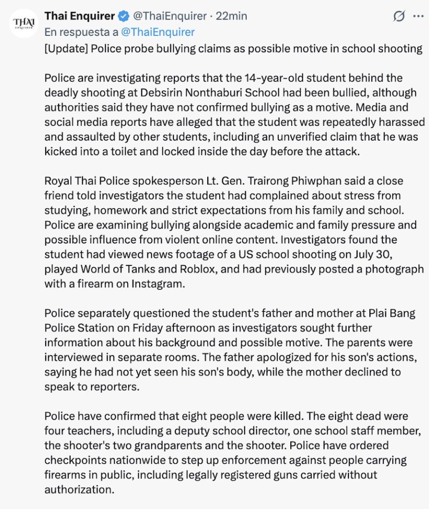 Lo que sabemos del tiroteo en una secundaria de Tailandia